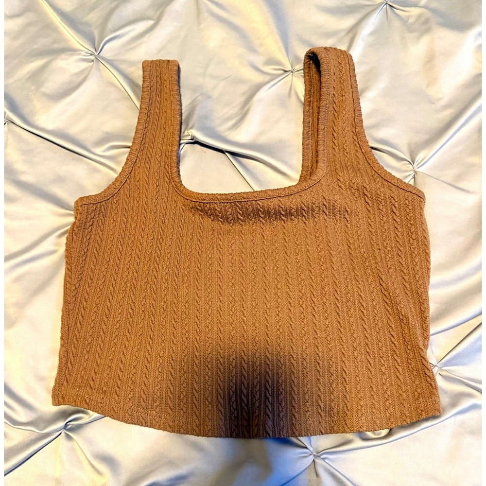 Bozzolo Cable Knit Cropped Square Neck Wide Strap Brown Tank Top Size M